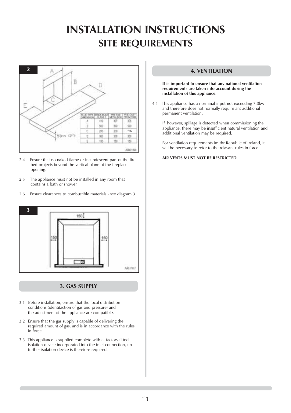 Installation instructions, Site requirements | Stovax Logic Hotbox & Convector Fire User Manual | Page 11 / 24