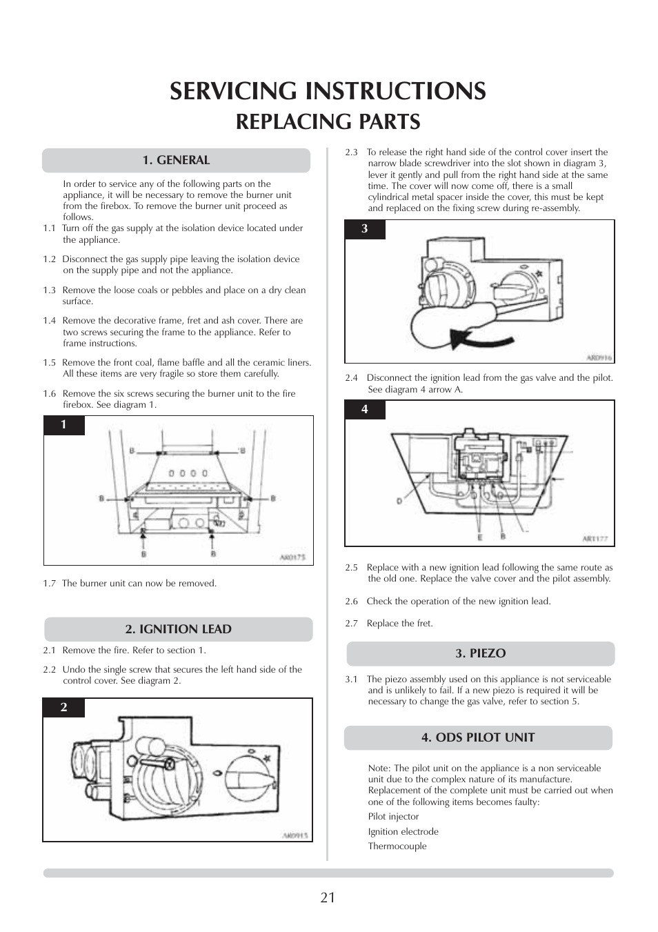 Servicing instructions, Replacing parts | Stovax Logic Hotbox & Convector Fire User Manual | Page 21 / 24