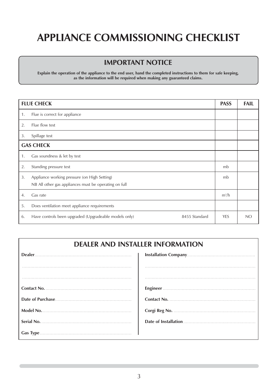 Appliance commissioning checklist, Important notice, Dealer and installer information | Flue check pass fail, Gas check | Stovax Logic Hotbox & Convector Fire User Manual | Page 3 / 24