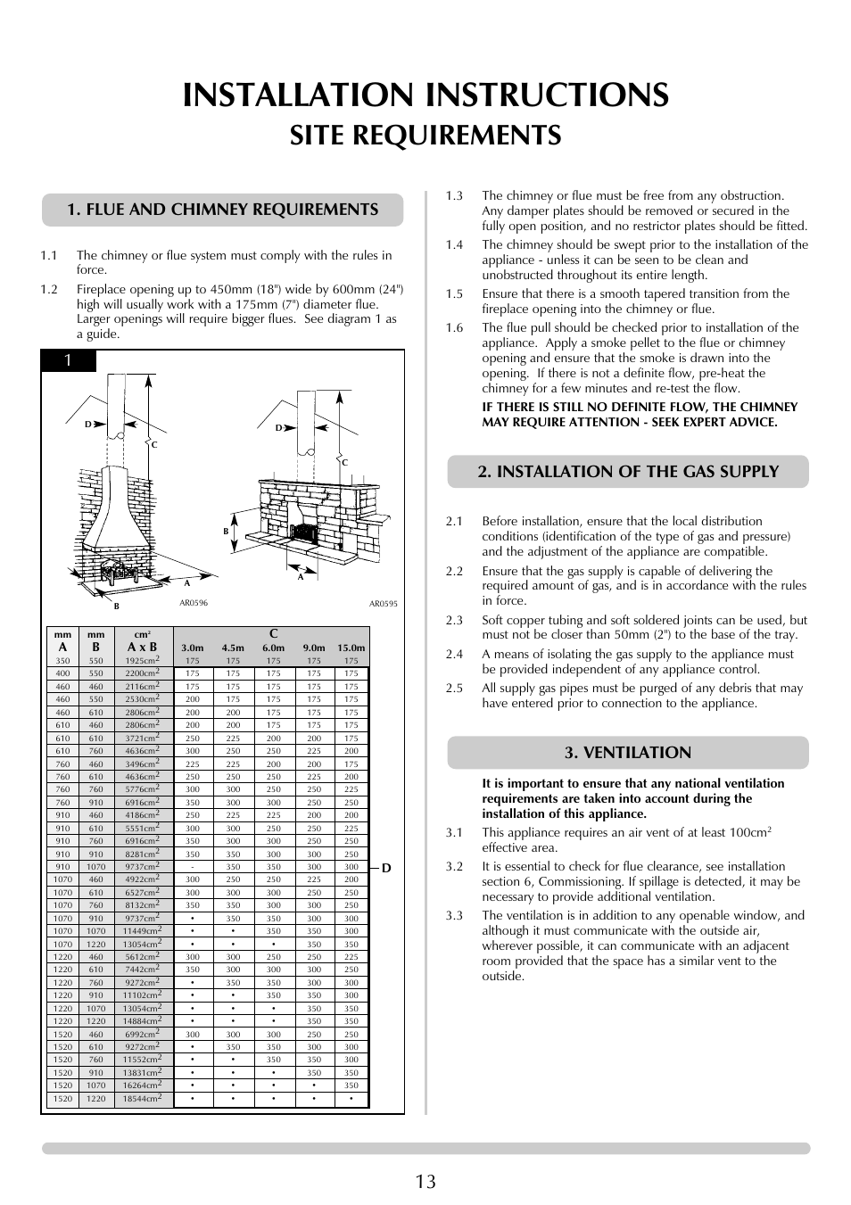 Installation instructions, Site requirements, Flue and chimney requirements | Ventilation 2. installation of the gas supply | Stovax Chamonix & Aspen (P)8135**UC User Manual | Page 13 / 32