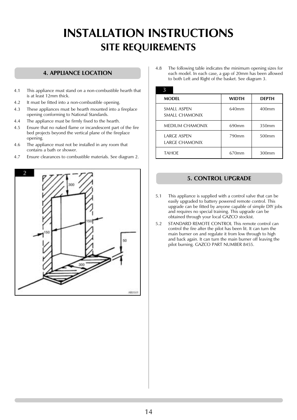 Installation instructions, Site requirements, Appliance location | Control upgrade 3 | Stovax Chamonix & Aspen (P)8135**UC User Manual | Page 14 / 32