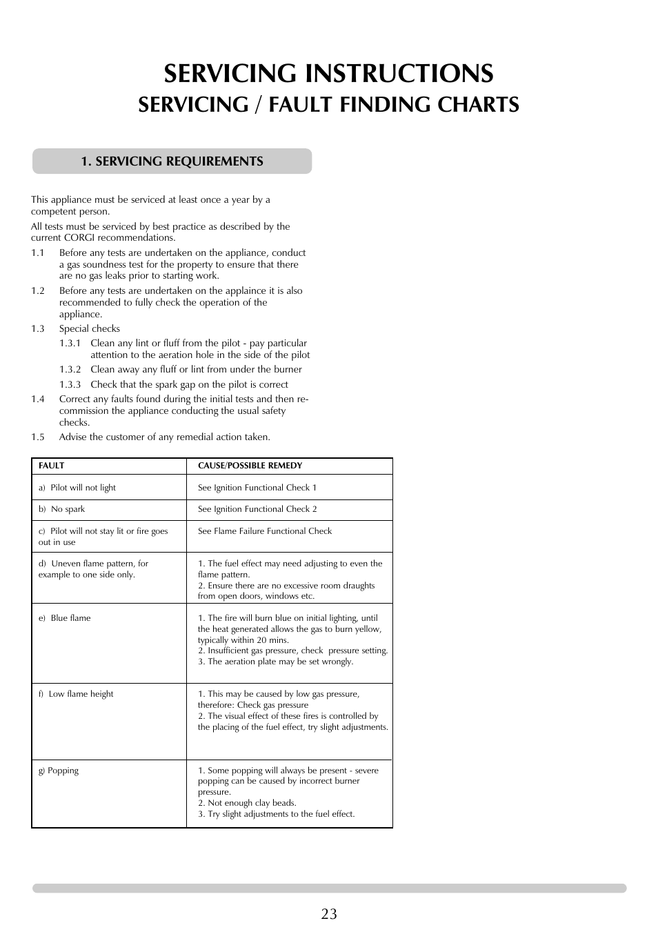 Servicing instructions, Servicing / fault finding charts, Servicing requirements | Stovax Chamonix & Aspen (P)8135**UC User Manual | Page 23 / 32