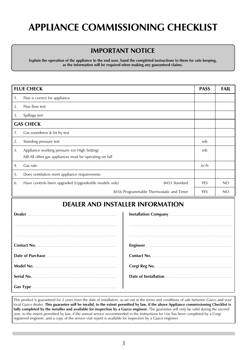 Appliance commissioning checklist, Important notice, Dealer and installer information | Flue check pass fail, Gas check | Stovax Chamonix & Aspen (P)8135**UC User Manual | Page 3 / 32