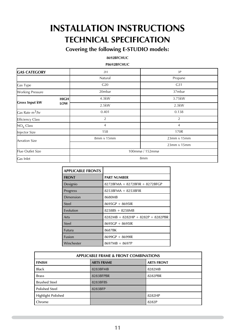 Installation instructions, Technical specification, Covering the following e-studio models | Stovax E-Studio PR0776 User Manual | Page 11 / 33