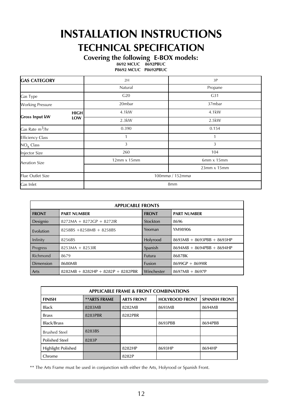 Installation instructions, Technical specification, Covering the following e-box models | Stovax E-Studio PR0776 User Manual | Page 12 / 33