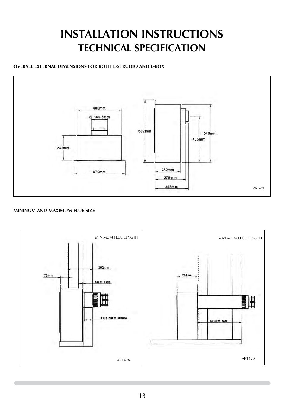 Installation instructions, Technical specification | Stovax E-Studio PR0776 User Manual | Page 13 / 33