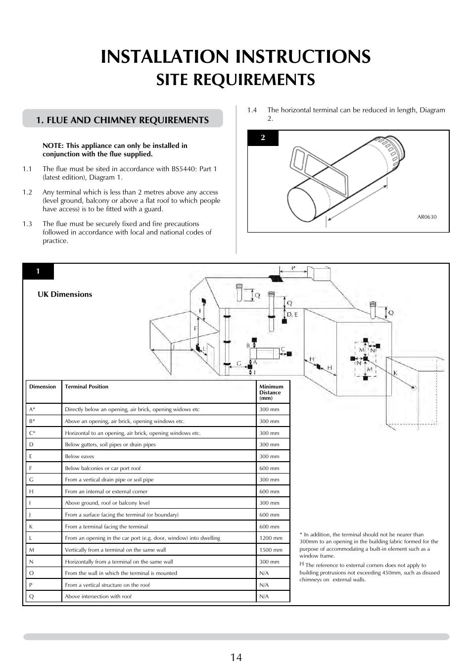 Installation instructions, Site requirements, Flue and chimney requirements | Uk dimensions | Stovax E-Studio PR0776 User Manual | Page 14 / 33