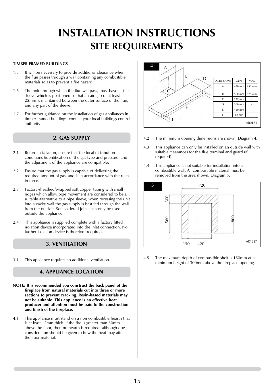 Installation instructions, Site requirements, Gas supply | Ventilation, Appliance location | Stovax E-Studio PR0776 User Manual | Page 15 / 33