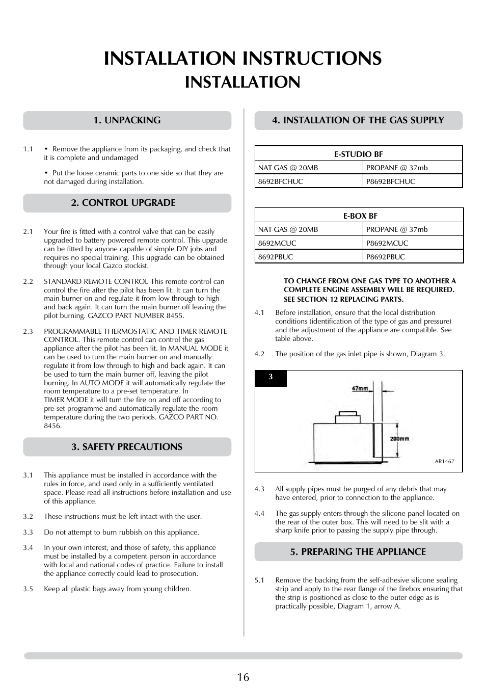 Installation instructions, Installation, Unpacking | Control upgrade, Safety precautions, Installation of the gas supply, Preparing the appliance | Stovax E-Studio PR0776 User Manual | Page 16 / 33