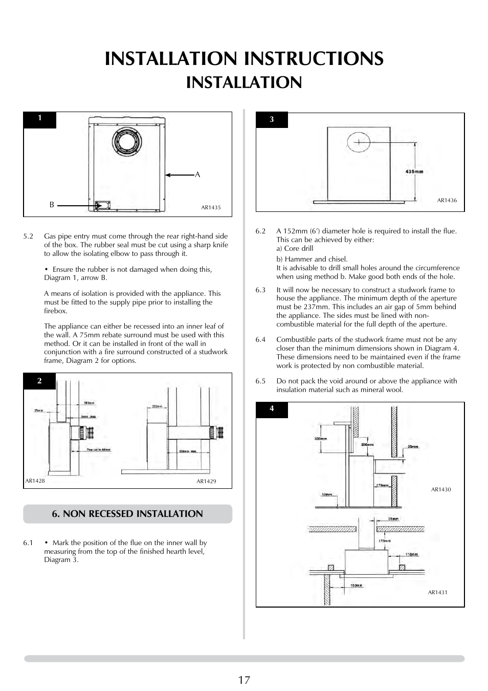 Installation instructions, Installation, Non recessed installation | Stovax E-Studio PR0776 User Manual | Page 17 / 33