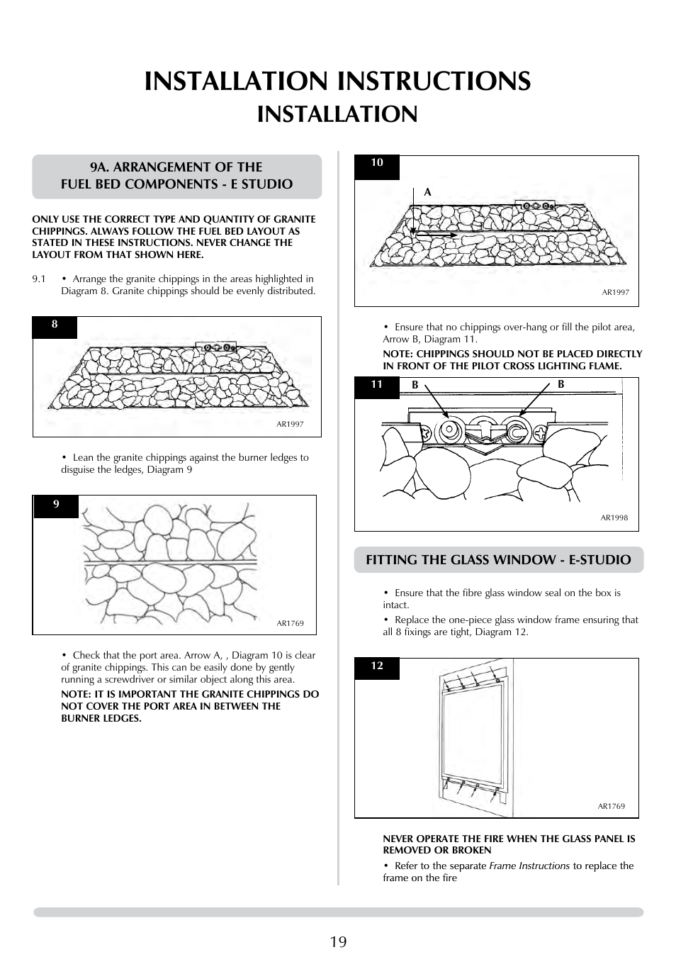 Installation instructions, Installation, Fitting the glass window - e-studio | Stovax E-Studio PR0776 User Manual | Page 19 / 33