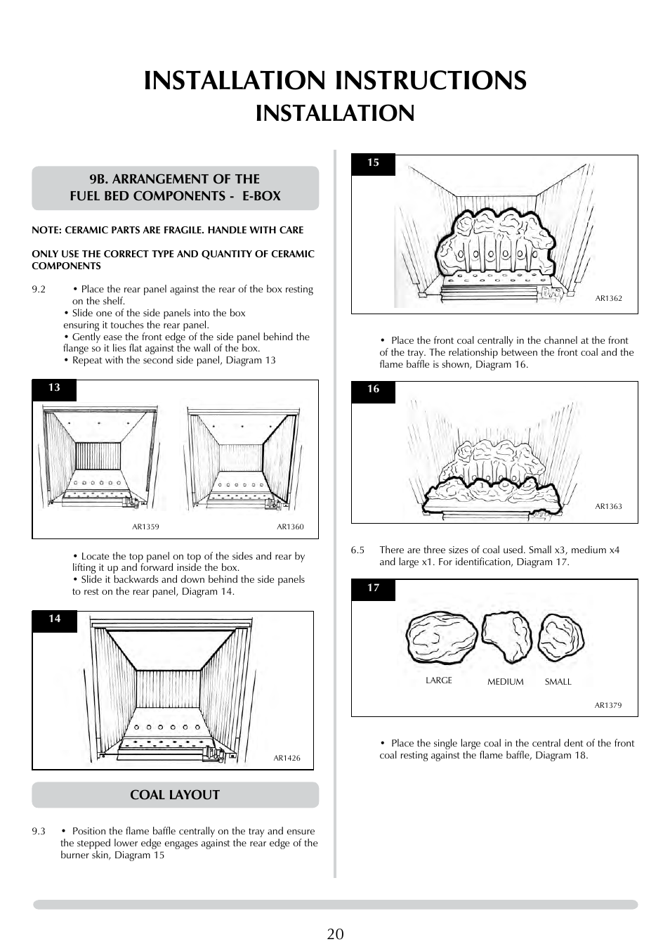 Installation instructions, Installation, 9b. arrangement of the fuel bed components - e-box | Coal layout | Stovax E-Studio PR0776 User Manual | Page 20 / 33
