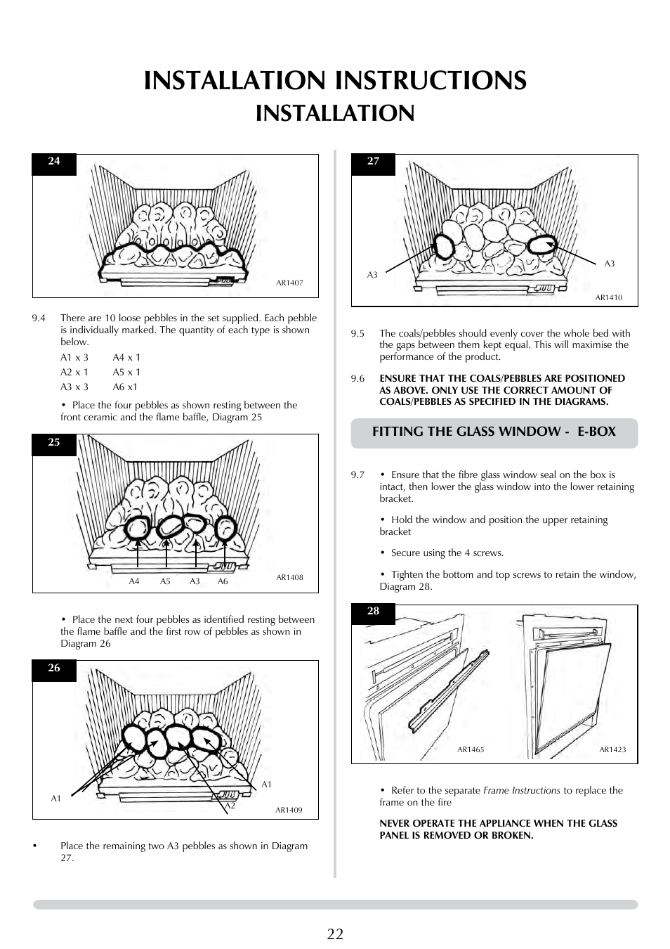 Installation instructions, Installation, Fitting the glass window - e-box | Stovax E-Studio PR0776 User Manual | Page 22 / 33