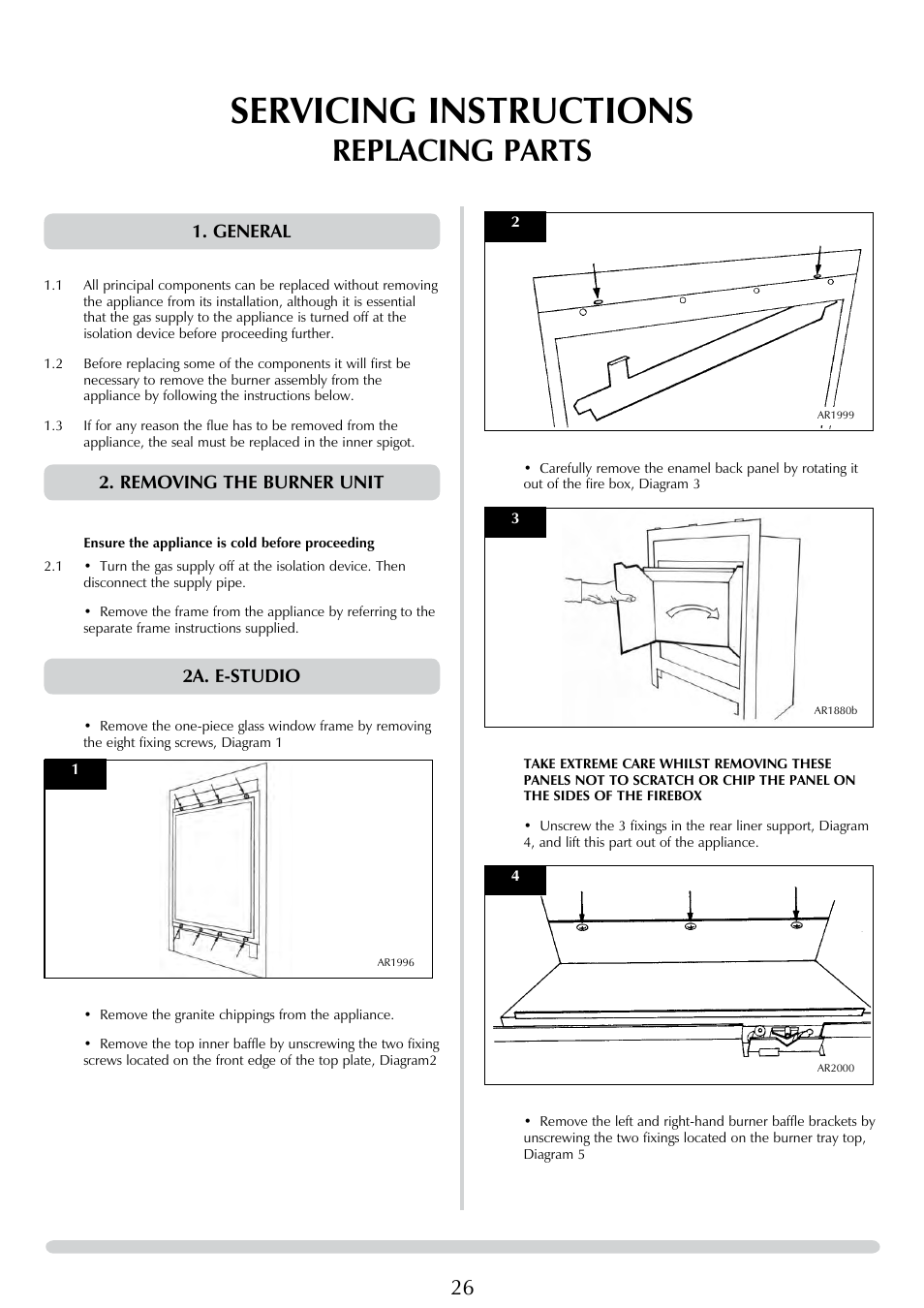 Servicing instructions, Replacing parts, General | Removing the burner unit, 2a. e-studio | Stovax E-Studio PR0776 User Manual | Page 26 / 33