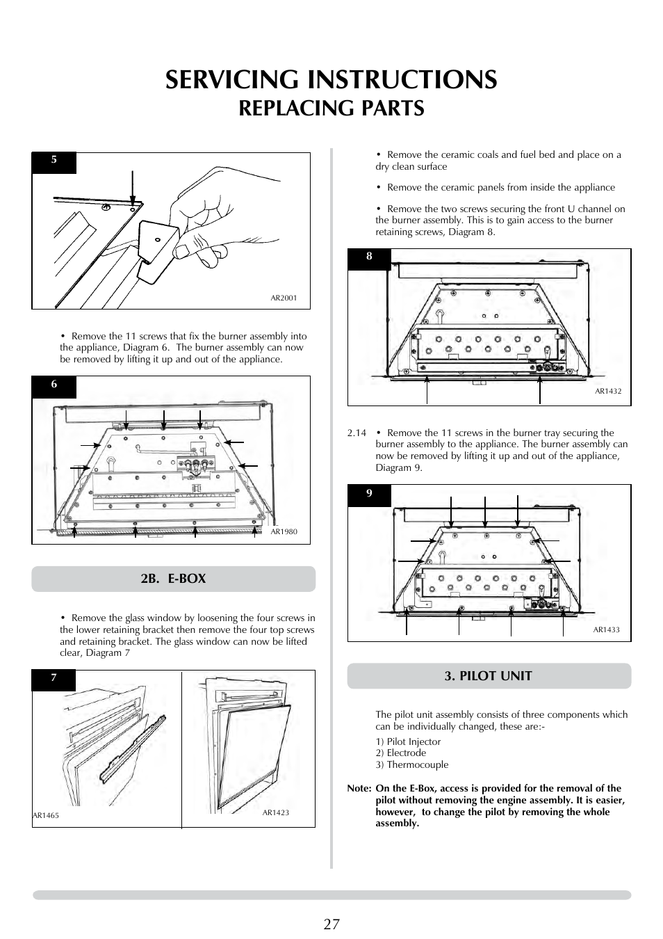 Servicing instructions, Replacing parts, Pilot unit | 2b. e-box | Stovax E-Studio PR0776 User Manual | Page 27 / 33