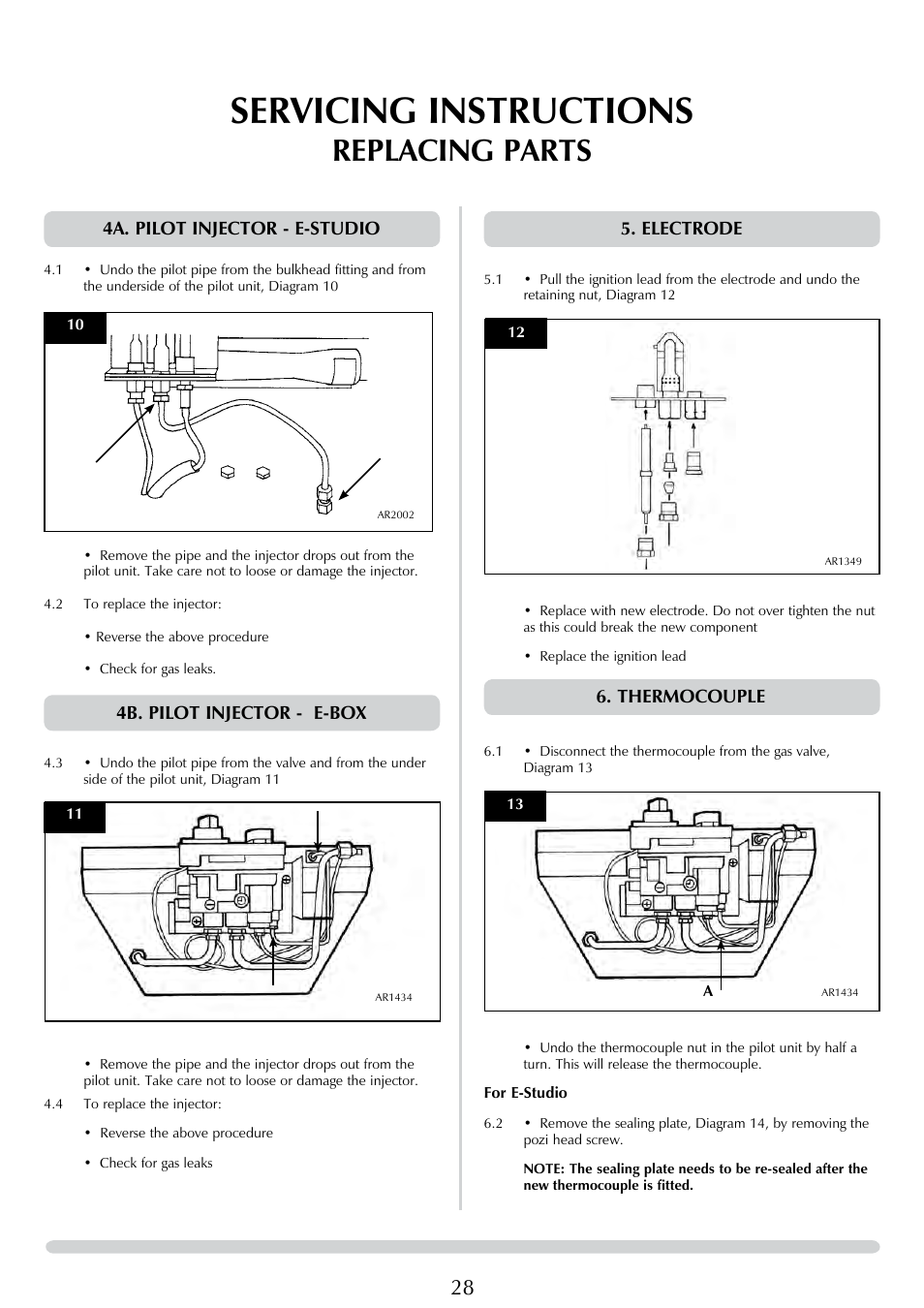 Servicing instructions, Replacing parts, Electrode | Thermocouple, 4a. pilot injector - e-studio, 4b. pilot injector - e-box | Stovax E-Studio PR0776 User Manual | Page 28 / 33