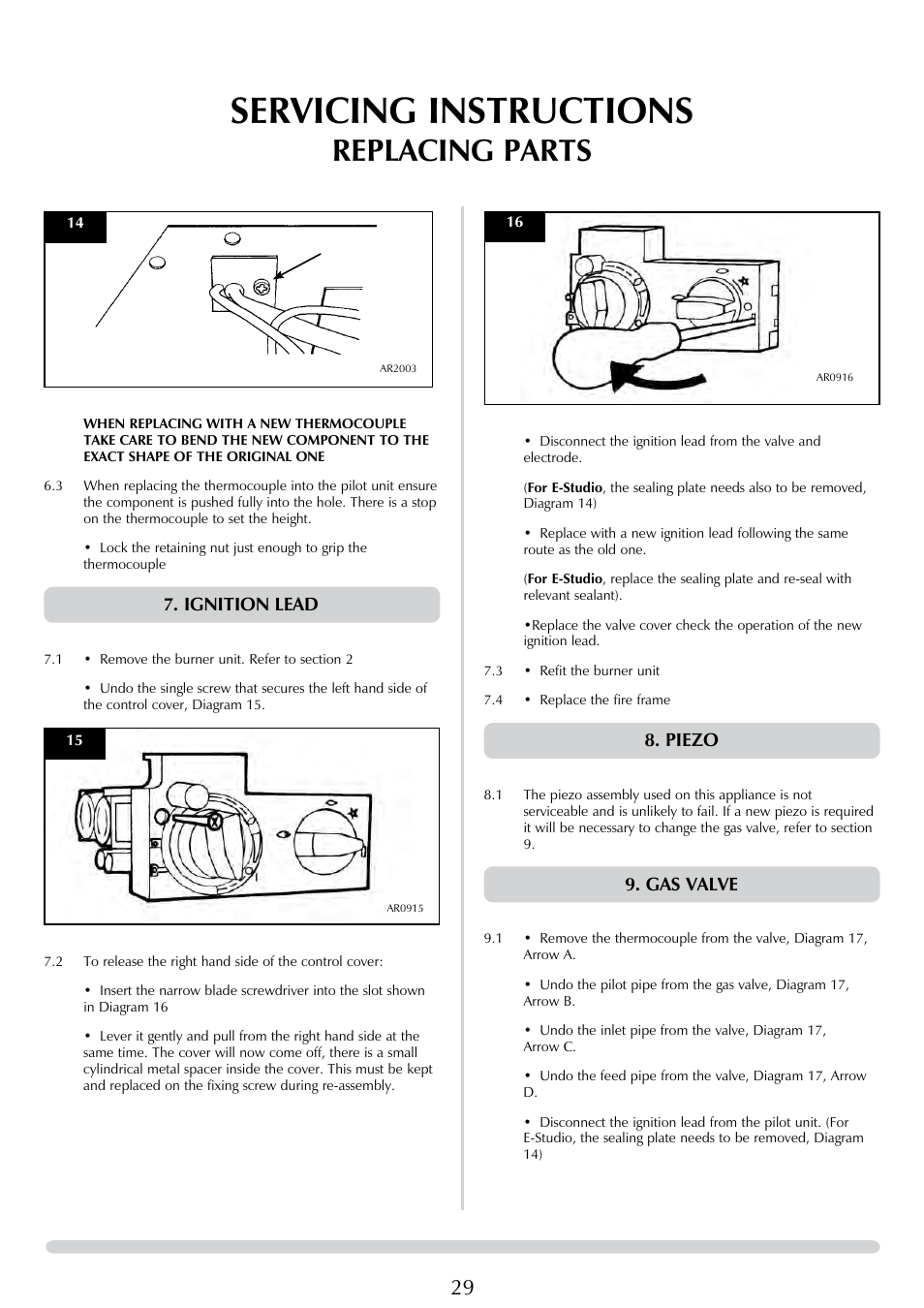 Servicing instructions, Replacing parts, Piezo | Gas valve, Ignition lead | Stovax E-Studio PR0776 User Manual | Page 29 / 33