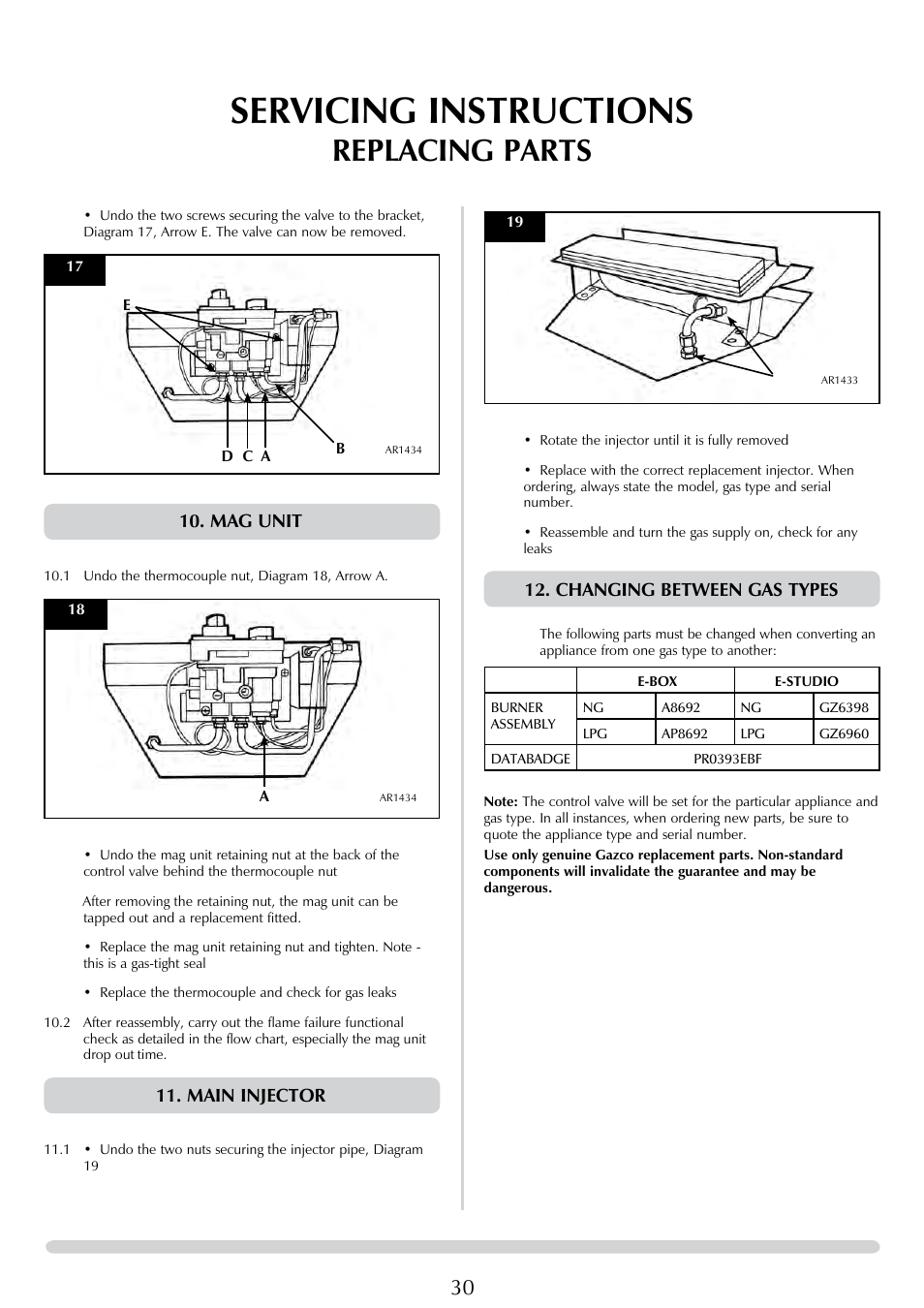 Servicing instructions, Replacing parts, Changing between gas types | Mag unit, Main injector | Stovax E-Studio PR0776 User Manual | Page 30 / 33