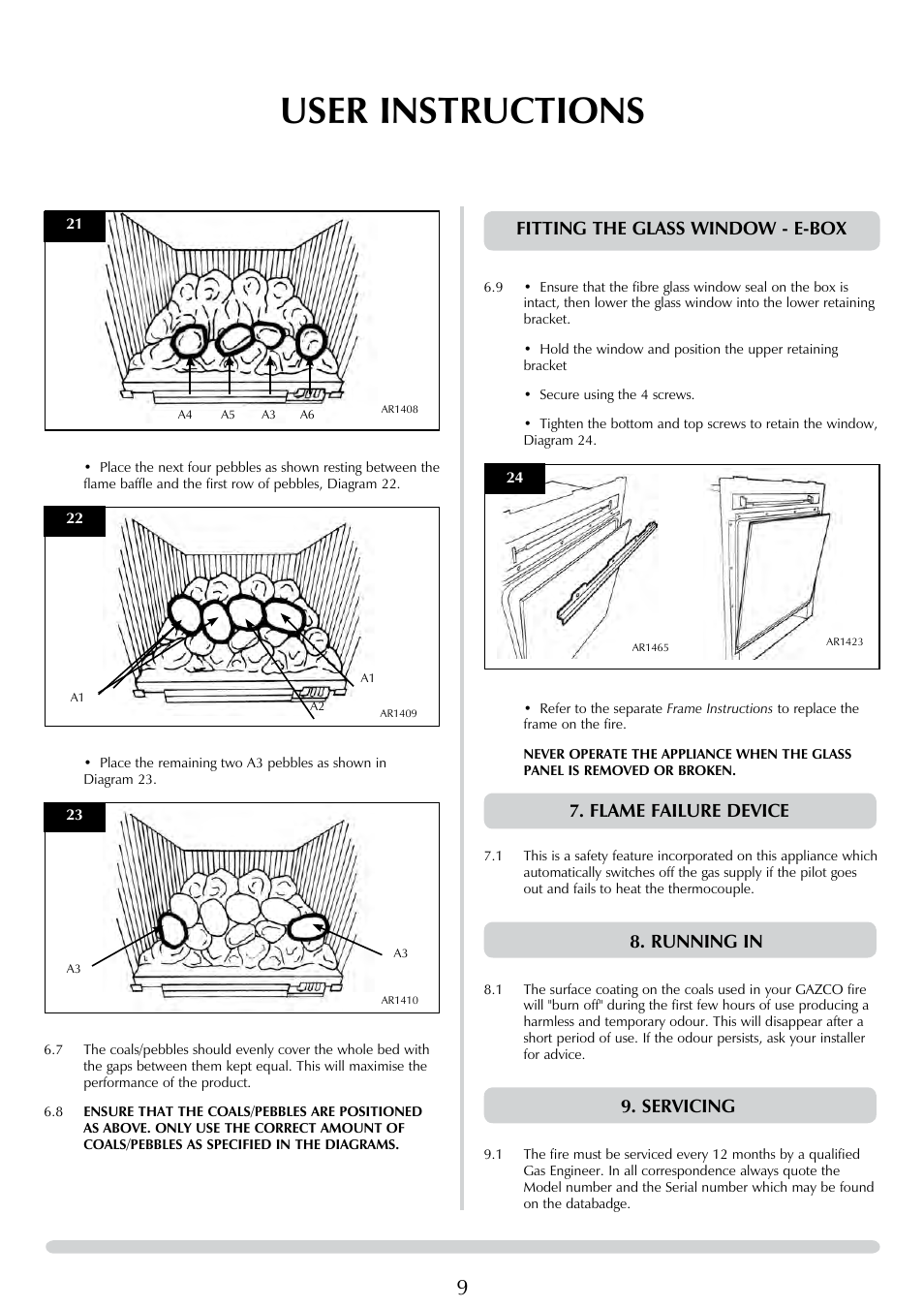 User instructions, Fitting the glass window - e-box, Flame failure device | Running in, Servicing | Stovax E-Studio PR0776 User Manual | Page 9 / 33