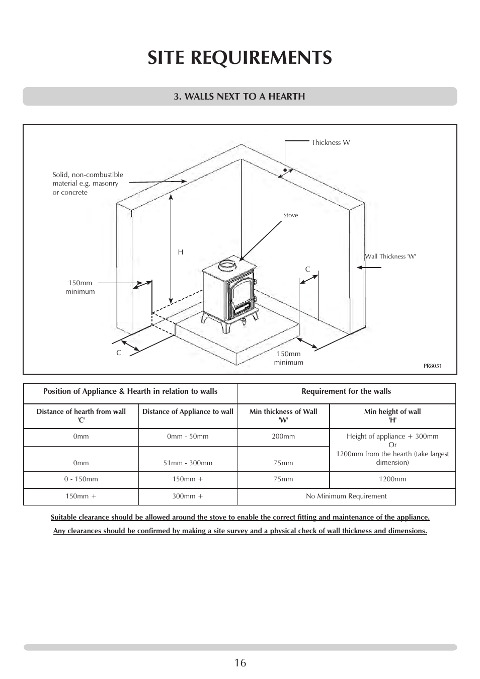 Site requirements, Walls next to a hearth | Stovax Riva Plus Midi Wood & Multi-fuel User Manual | Page 16 / 32