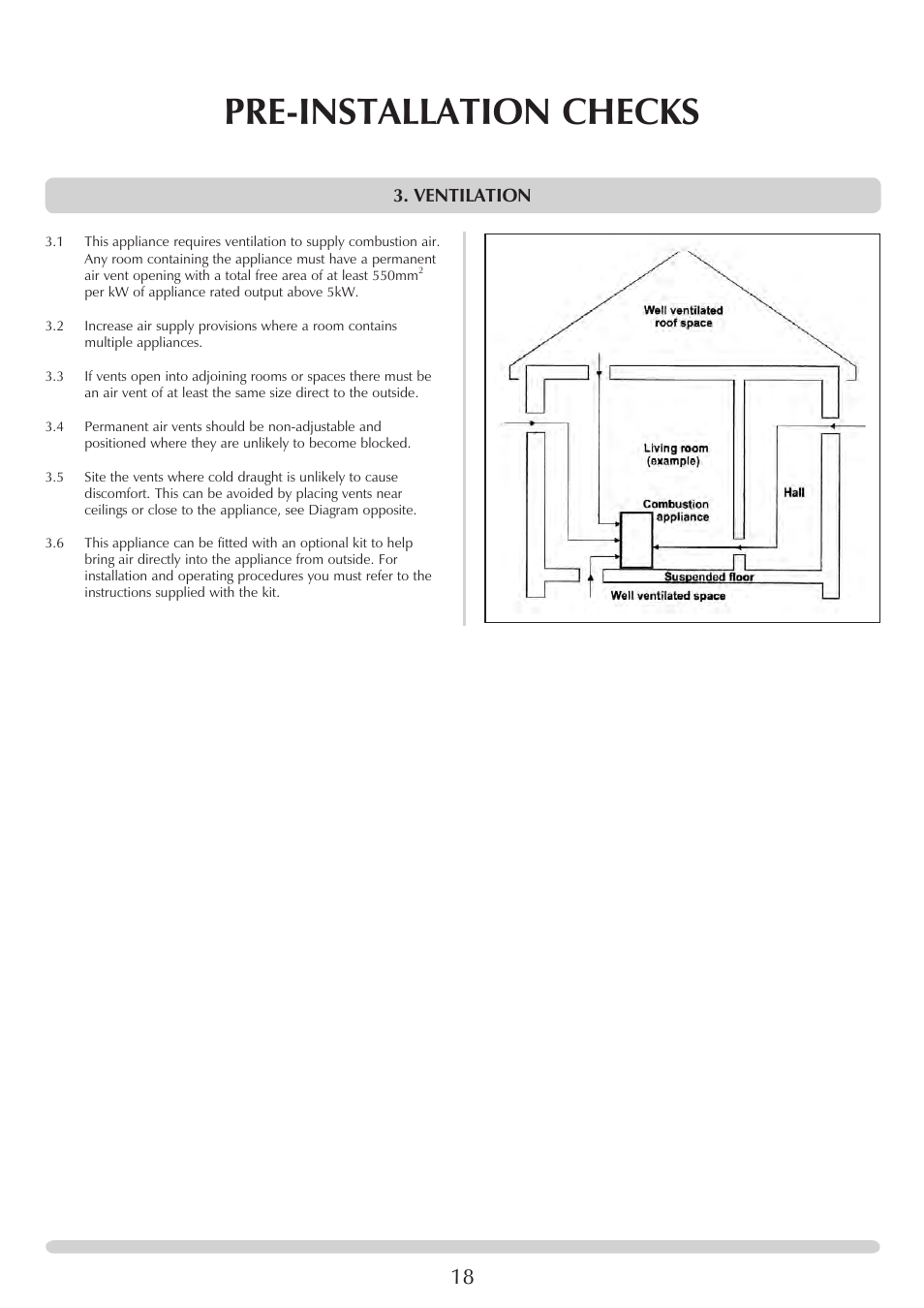 Pre-installation checks, Ventilation | Stovax Riva Plus Midi Wood & Multi-fuel User Manual | Page 18 / 32