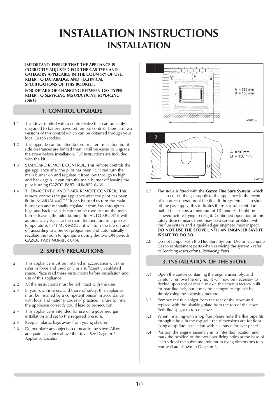 Installation instructions, Installation, Installation of the stove | Control upgrade, Safety precautions | Stovax Marlborough & Stockton Coal Effect Stove Range User Manual | Page 10 / 23