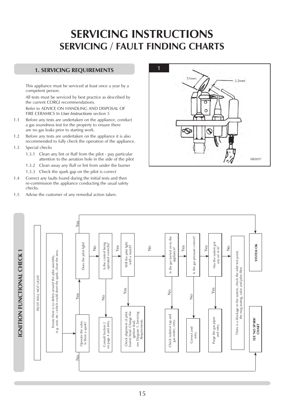 Servicing instructions, Servicing / fault finding charts, Ignition functional chec k 1 | Servicing requirements | Stovax Marlborough & Stockton Coal Effect Stove Range User Manual | Page 15 / 23