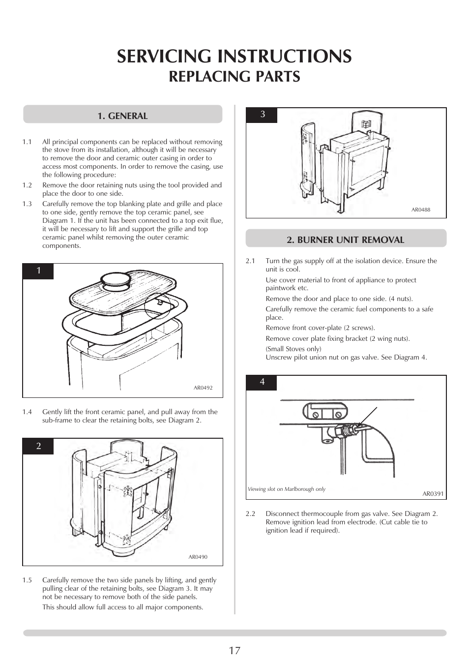 Servicing instructions, Replacing parts, Burner unit removal | General | Stovax Marlborough & Stockton Coal Effect Stove Range User Manual | Page 17 / 23