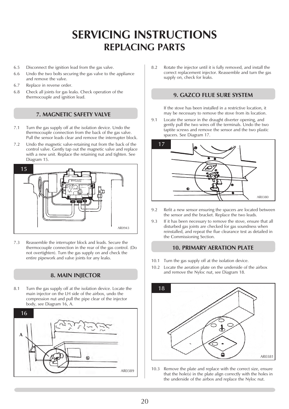 Servicing instructions, Replacing parts, Magnetic safety valve | Main injector, Gazco flue sure system, Primary aeration plate | Stovax Marlborough & Stockton Coal Effect Stove Range User Manual | Page 20 / 23