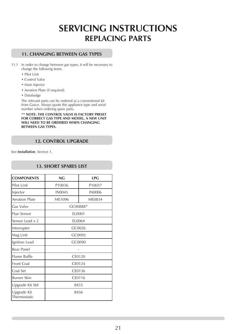 Servicing instructions, Replacing parts, Changing between gas types | Control upgrade, Short spares list | Stovax Marlborough & Stockton Coal Effect Stove Range User Manual | Page 21 / 23