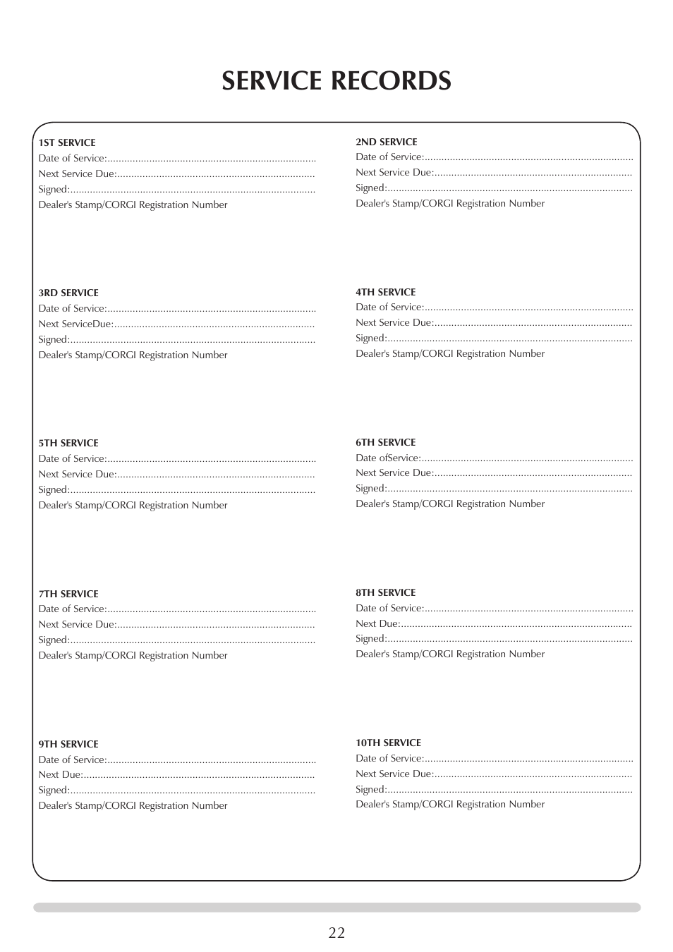 Service records | Stovax Marlborough & Stockton Coal Effect Stove Range User Manual | Page 22 / 23