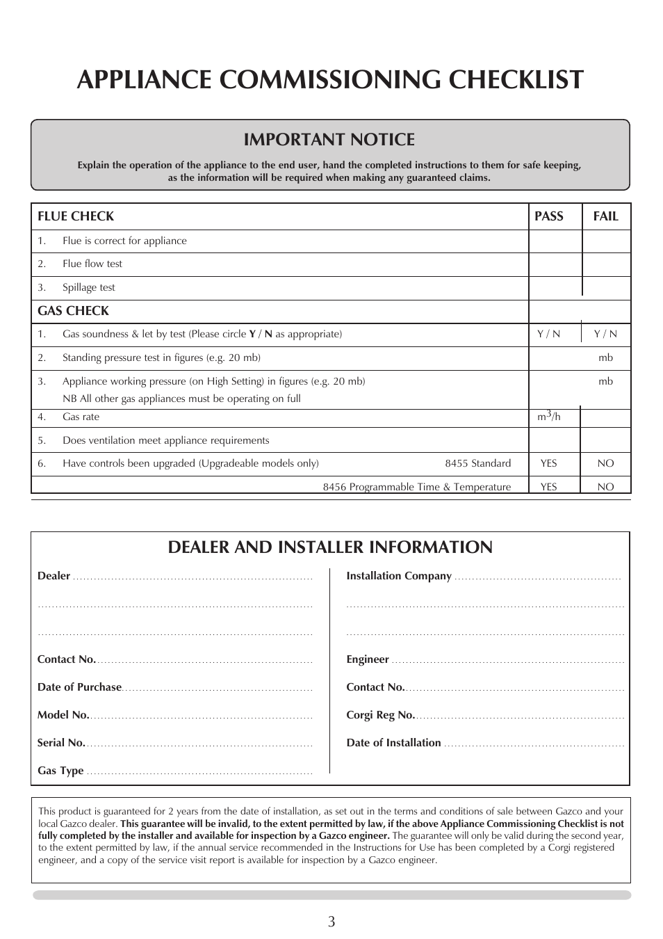 Appliance commissioning checklist, Important notice, Dealer and installer information | Flue check pass fail, Gas check | Stovax Marlborough & Stockton Coal Effect Stove Range User Manual | Page 3 / 23