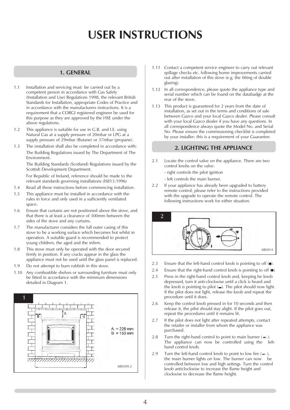 User instructions, Lighting the appliance, General | Stovax Marlborough & Stockton Coal Effect Stove Range User Manual | Page 4 / 23