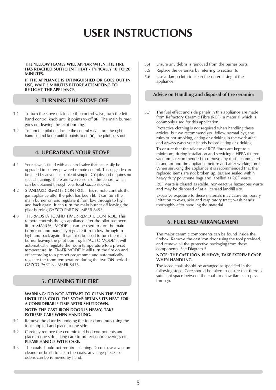 User instructions, Turning the stove off, Upgrading your stove | Cleaning the fire, Fuel bed arrangement | Stovax Marlborough & Stockton Coal Effect Stove Range User Manual | Page 5 / 23