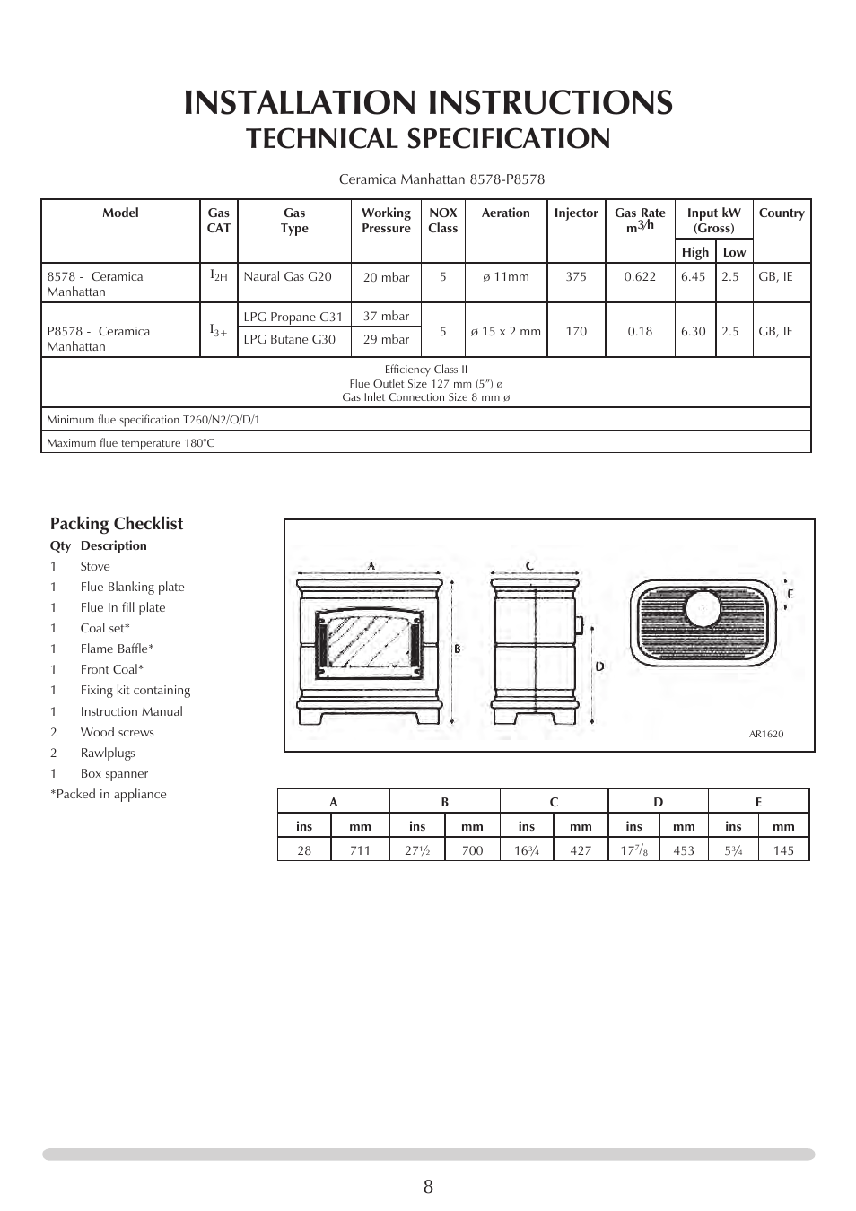 Installation instructions, Technical specification, Packing checklist | Stovax Marlborough & Stockton Coal Effect Stove Range User Manual | Page 8 / 23