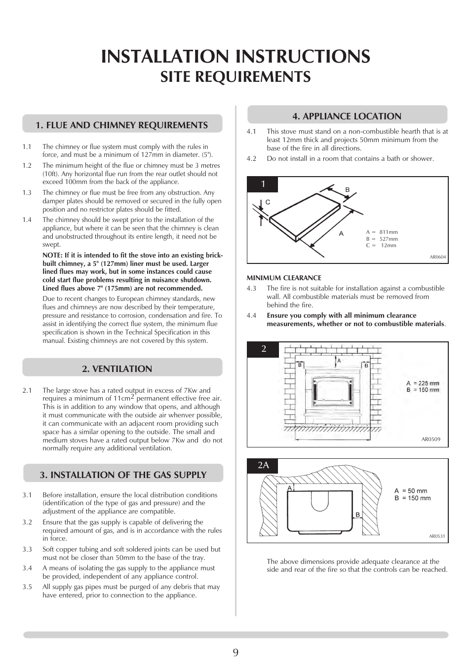 Installation instructions, Site requirements, Flue and chimney requirements | Ventilation, Installation of the gas supply, Appliance location | Stovax Marlborough & Stockton Coal Effect Stove Range User Manual | Page 9 / 23