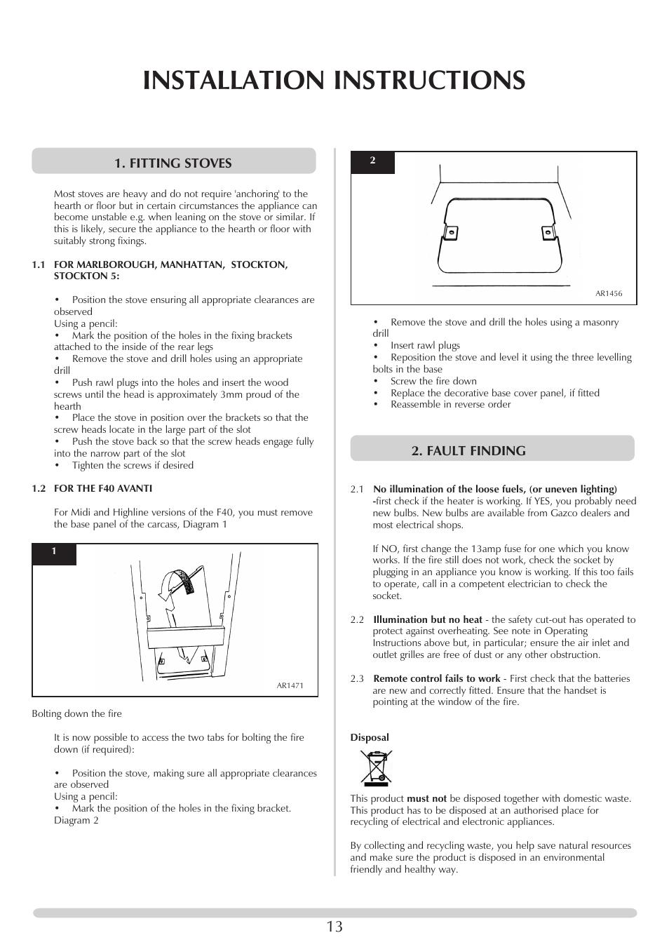 Installation instructions, Fitting stoves, Fault finding | Stovax Electric Stove Range User Manual | Page 13 / 15