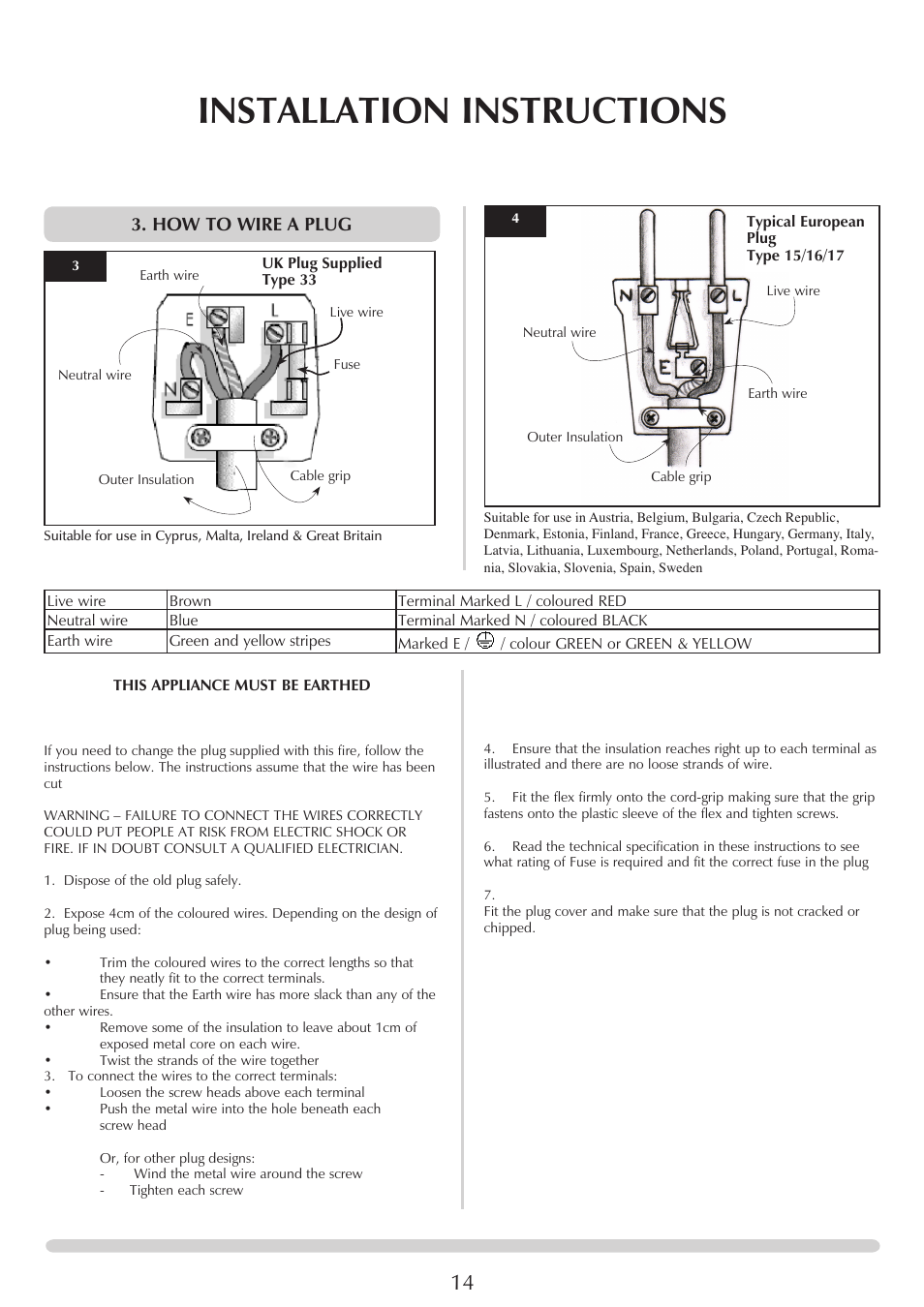 Installation instructions, How to wire a plug | Stovax Electric Stove Range User Manual | Page 14 / 15