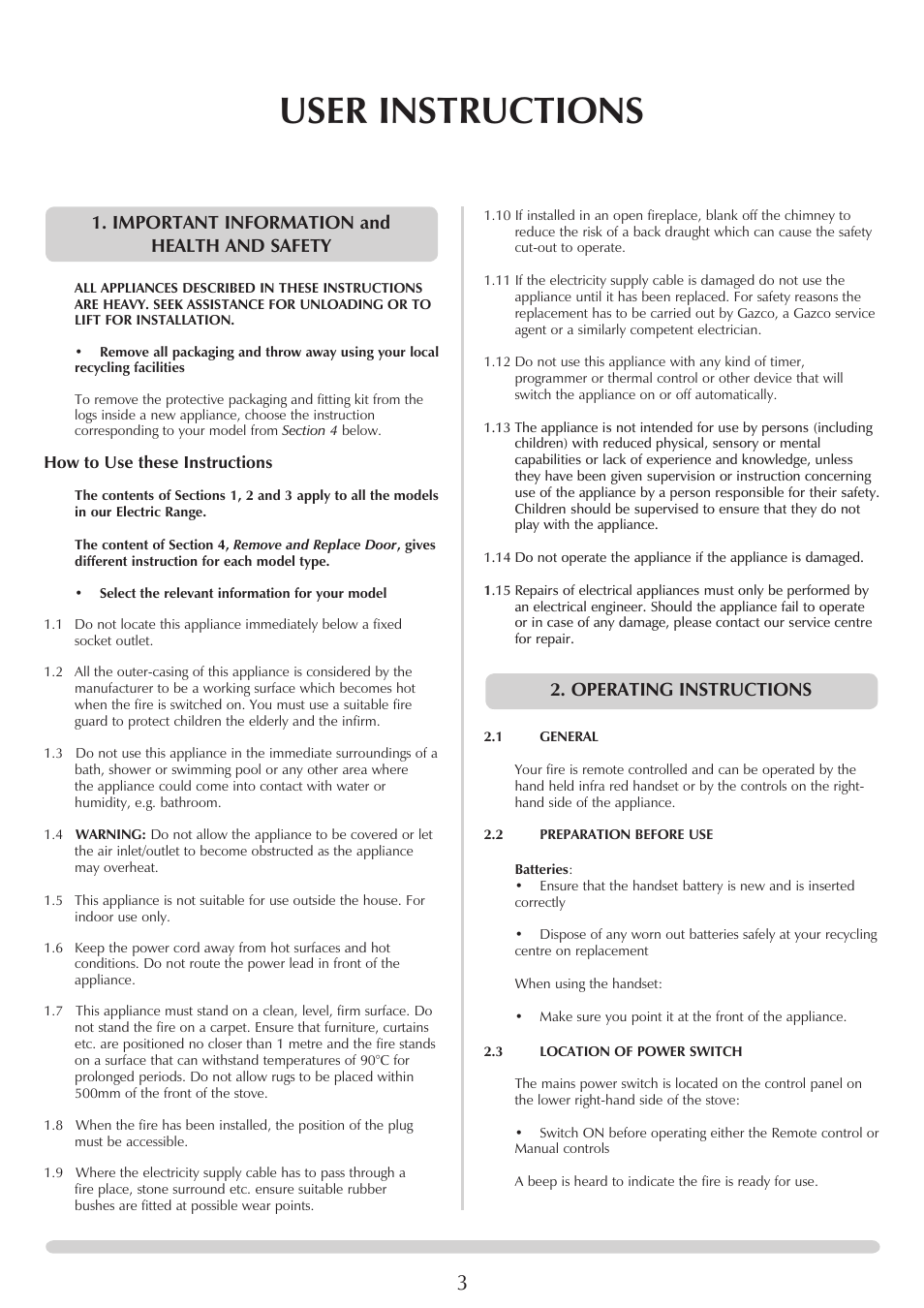 User instructions, Important information and health and safety, Operating instructions | Stovax Electric Stove Range User Manual | Page 3 / 15
