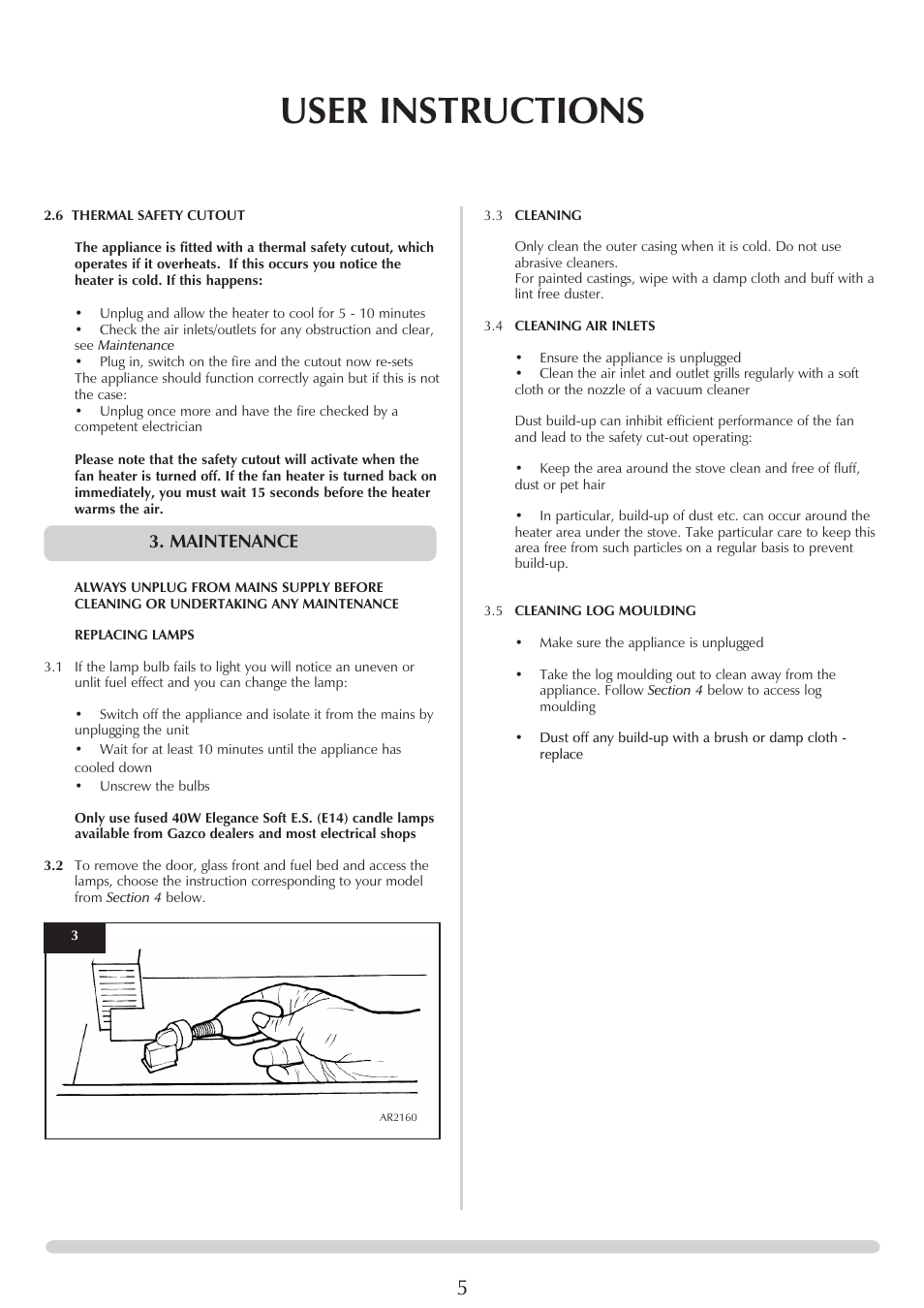 User instructions, Maintenance | Stovax Electric Stove Range User Manual | Page 5 / 15