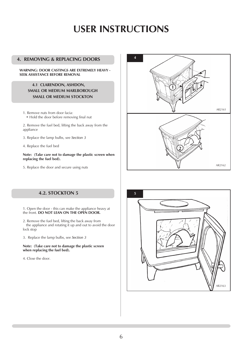 User instructions, Removing & replacing doors, Stockton 5 | Stovax Electric Stove Range User Manual | Page 6 / 15