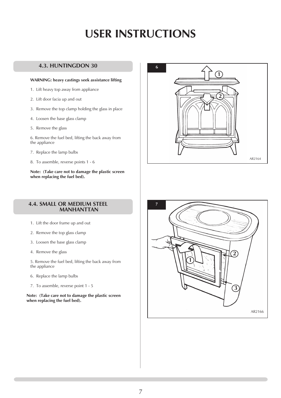 User instructions, Huntingdon 30, Small or medium steel manhanttan | Stovax Electric Stove Range User Manual | Page 7 / 15