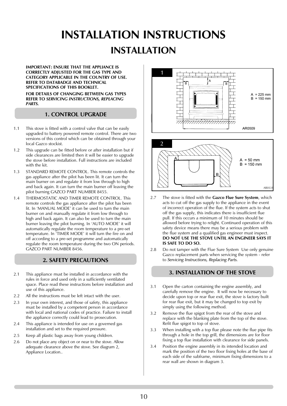 Installation instructions, Installation, Control upgrade 2. safety precautions 2 | Installation of the stove | Stovax Ceramica Coal Effect Stove Range Conventional Flue User Manual | Page 10 / 23