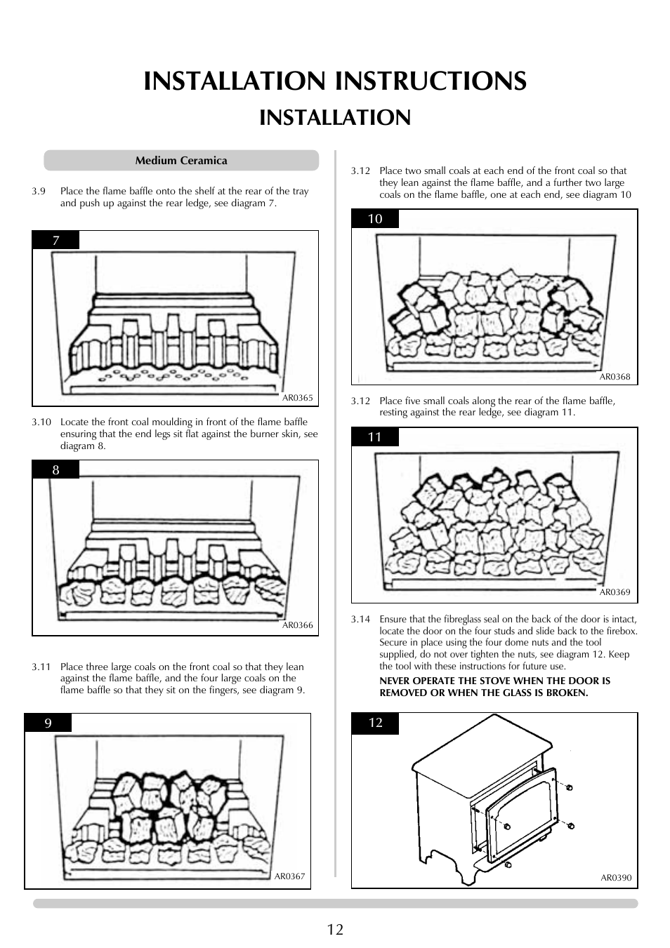 Installation instructions, Installation | Stovax Ceramica Coal Effect Stove Range Conventional Flue User Manual | Page 12 / 23