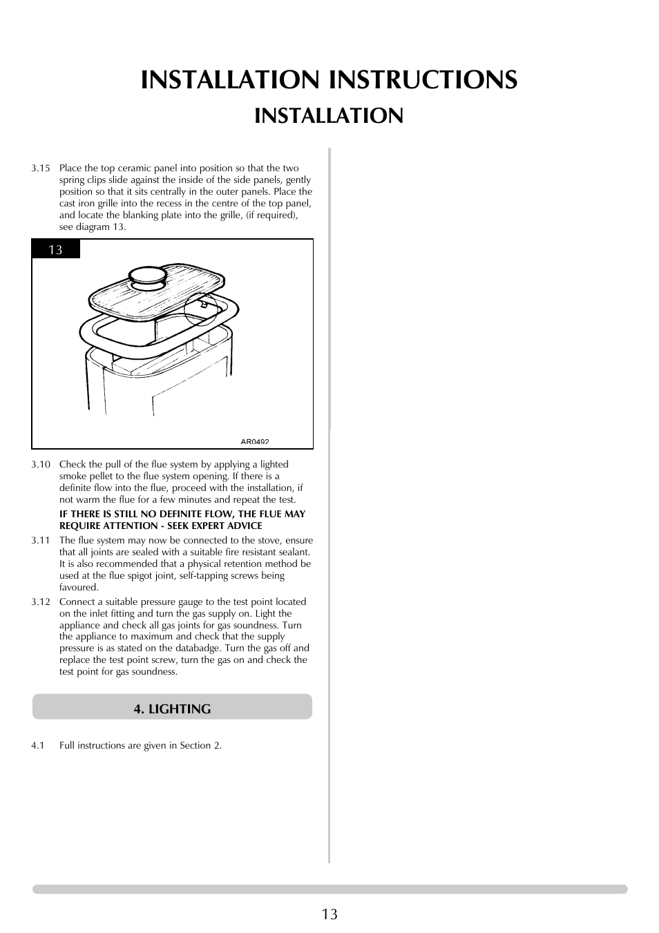 Installation instructions, Installation | Stovax Ceramica Coal Effect Stove Range Conventional Flue User Manual | Page 13 / 23