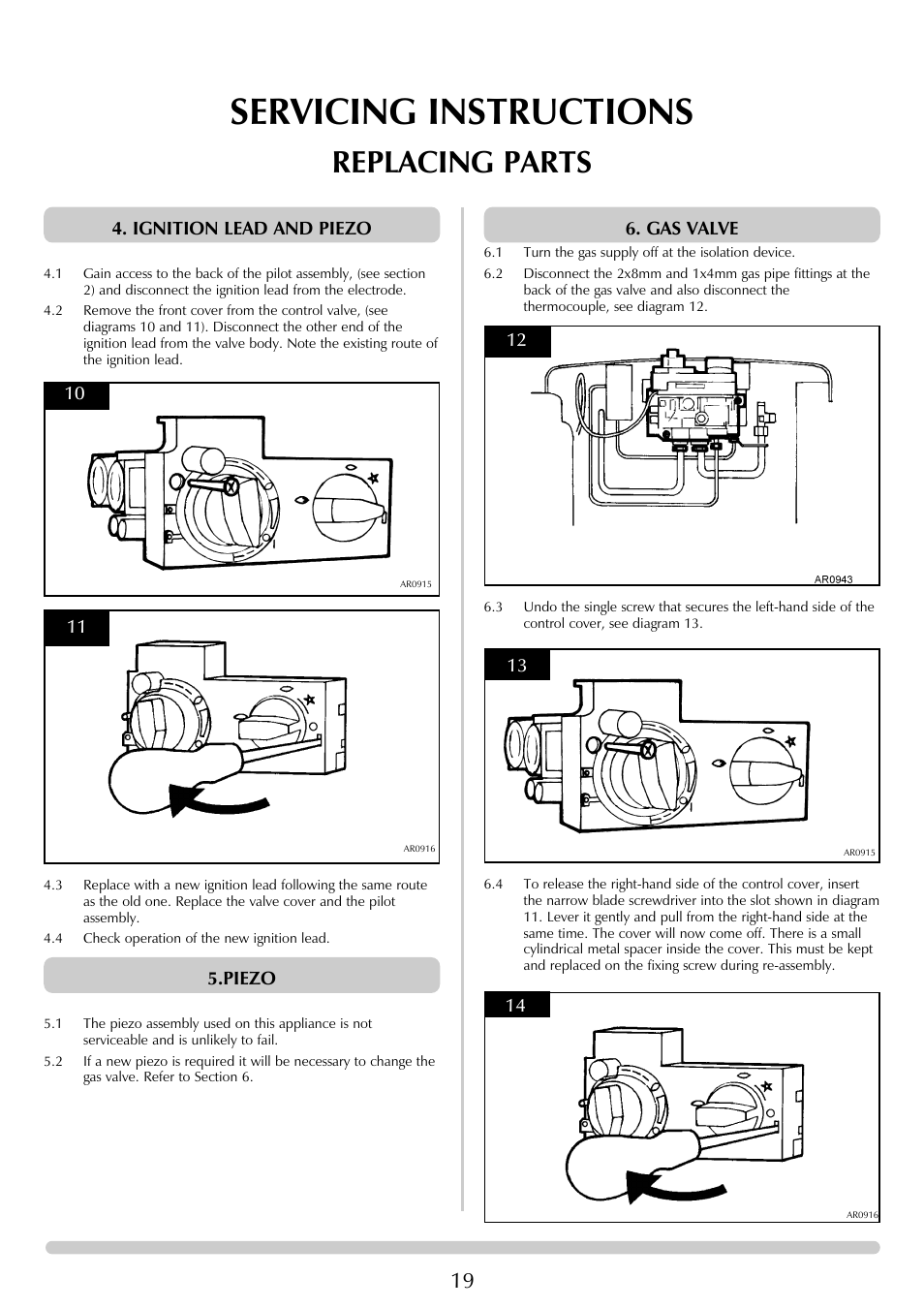 Servicing instructions, Replacing parts, Gas valve 13 | Ignition lead and piezo 10, Piezo 12 11 | Stovax Ceramica Coal Effect Stove Range Conventional Flue User Manual | Page 19 / 23