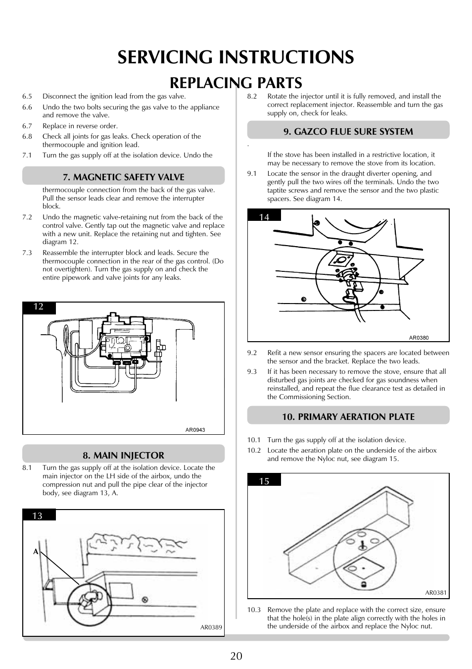 Servicing instructions, Replacing parts, Magnetic safety valve 12 9. gazco flue sure system | Stovax Ceramica Coal Effect Stove Range Conventional Flue User Manual | Page 20 / 23