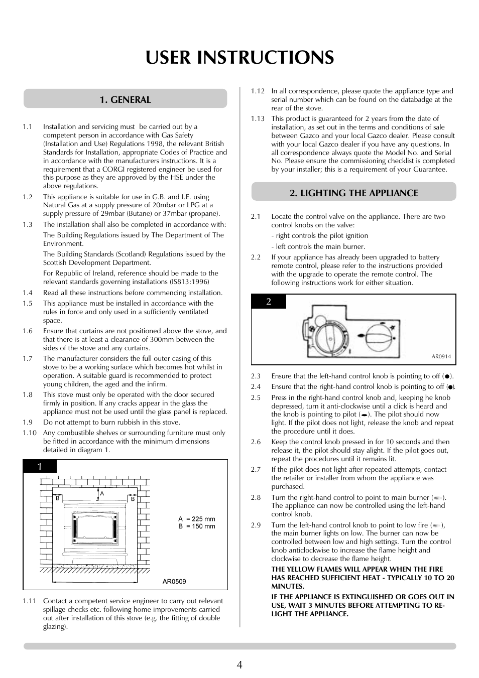 User instructions, General 2. lighting the appliance 1 2 | Stovax Ceramica Coal Effect Stove Range Conventional Flue User Manual | Page 4 / 23