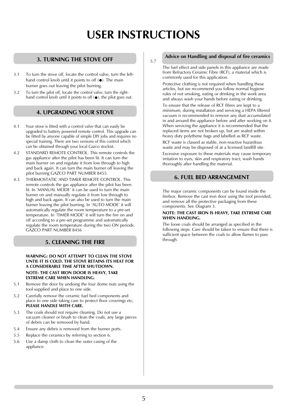 User instructions, Turning the stove off | Stovax Ceramica Coal Effect Stove Range Conventional Flue User Manual | Page 5 / 23