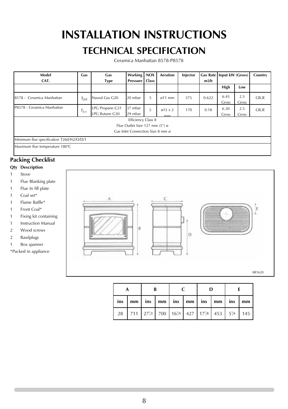 Installation instructions, Technical specification, Packing checklist | Stovax Ceramica Coal Effect Stove Range Conventional Flue User Manual | Page 8 / 23